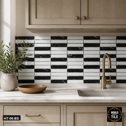 Nero & White Linear Marble Glass Mosaic installed as a kitchen backsplash