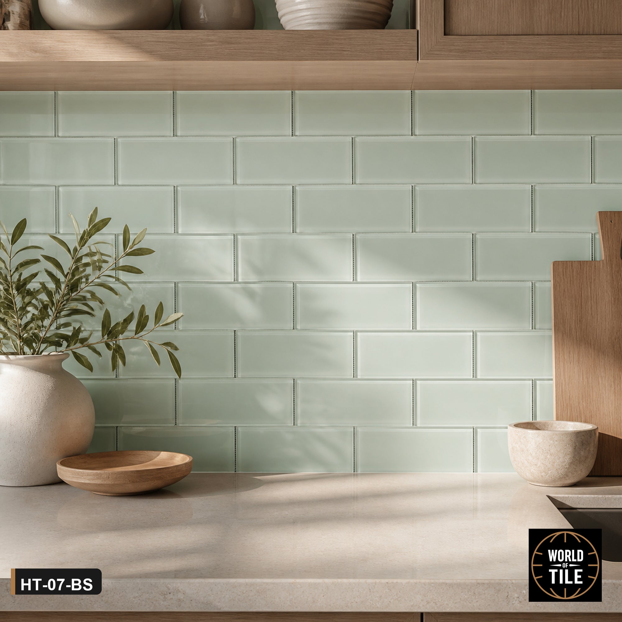 Mint Green Glass Brick Mosaic installed as a kitchen backsplash