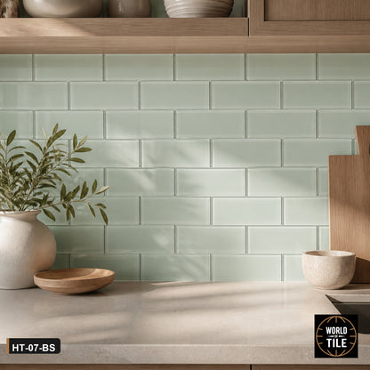 Mint Green Glass Brick Mosaic installed as a kitchen backsplash