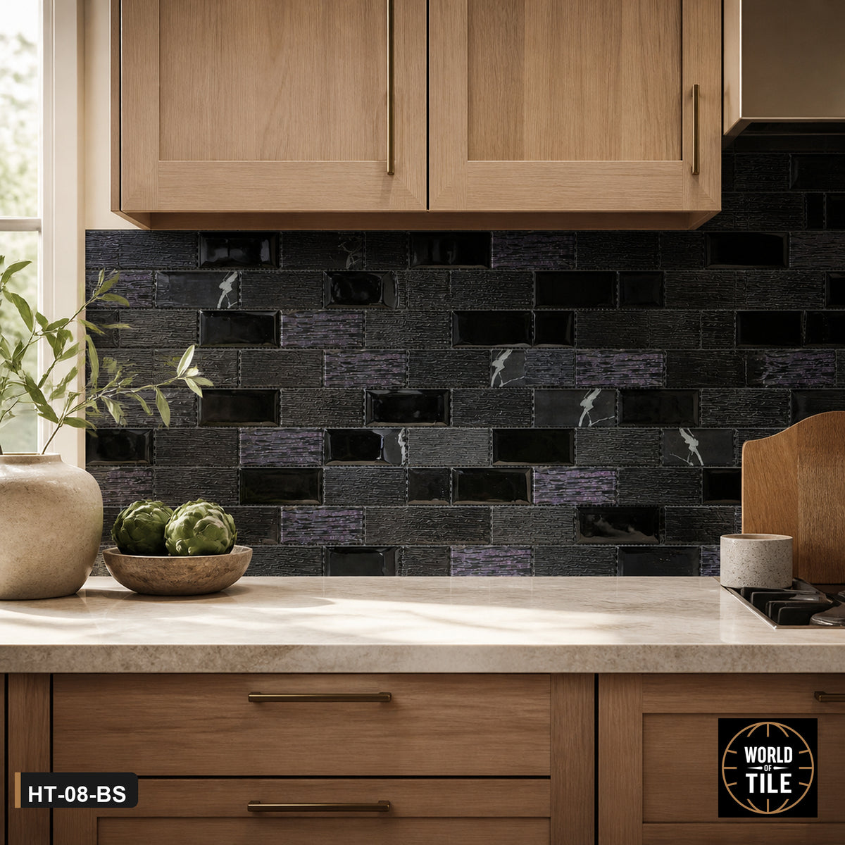 Black Textured Glass Linear Mosaic installed as a kitchen backsplash