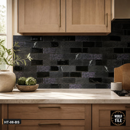 Black Textured Glass Linear Mosaic installed as a kitchen backsplash