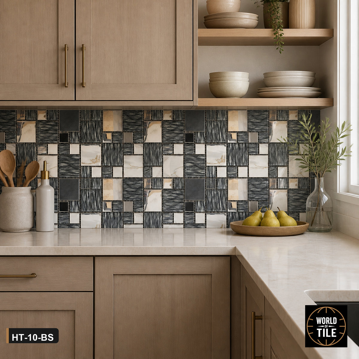 Grey Marble & Glass Modular Mosaic installed as a kitchen backsplash