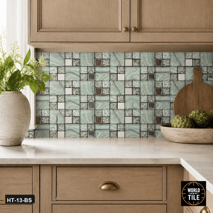 Sage Swirl Glass & Stone Mosaic installed as a kitchen backsplash