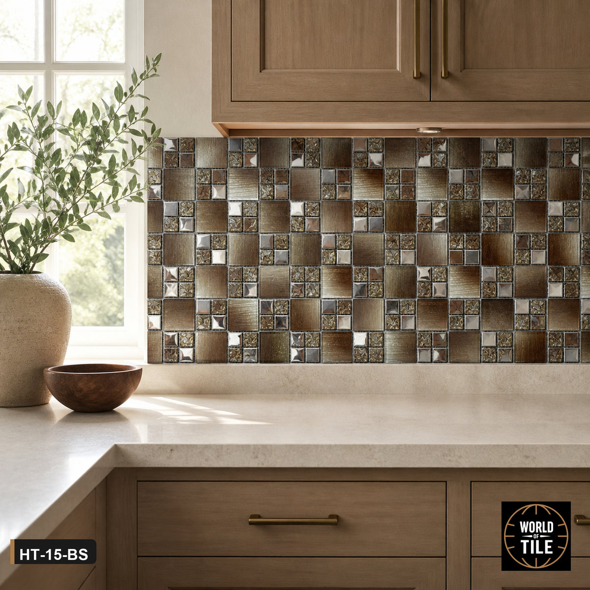 Bronze Glass & Metal Modular Mosaic installed as a kitchen backsplash
