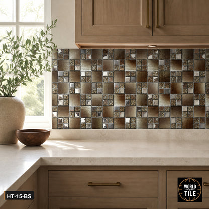 Bronze Glass & Metal Modular Mosaic installed as a kitchen backsplash
