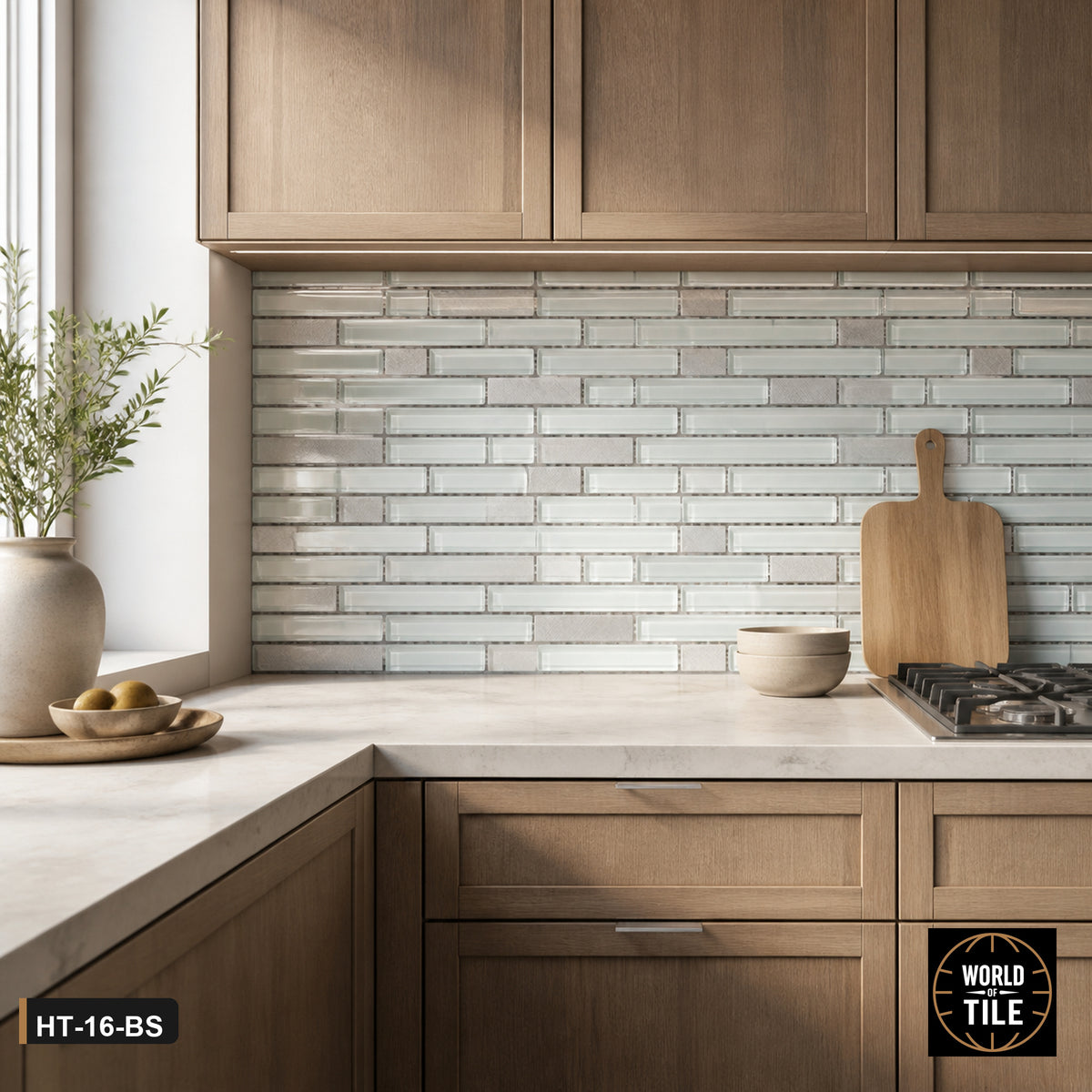 White Frost Linear Glass Mosaic installed as a kitchen backsplash