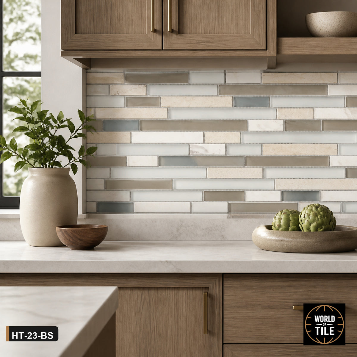 Sand Linear Stone & Glass Mosaic installed as a kitchen backsplash