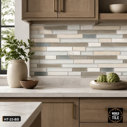 Sand Linear Stone & Glass Mosaic installed as a kitchen backsplash