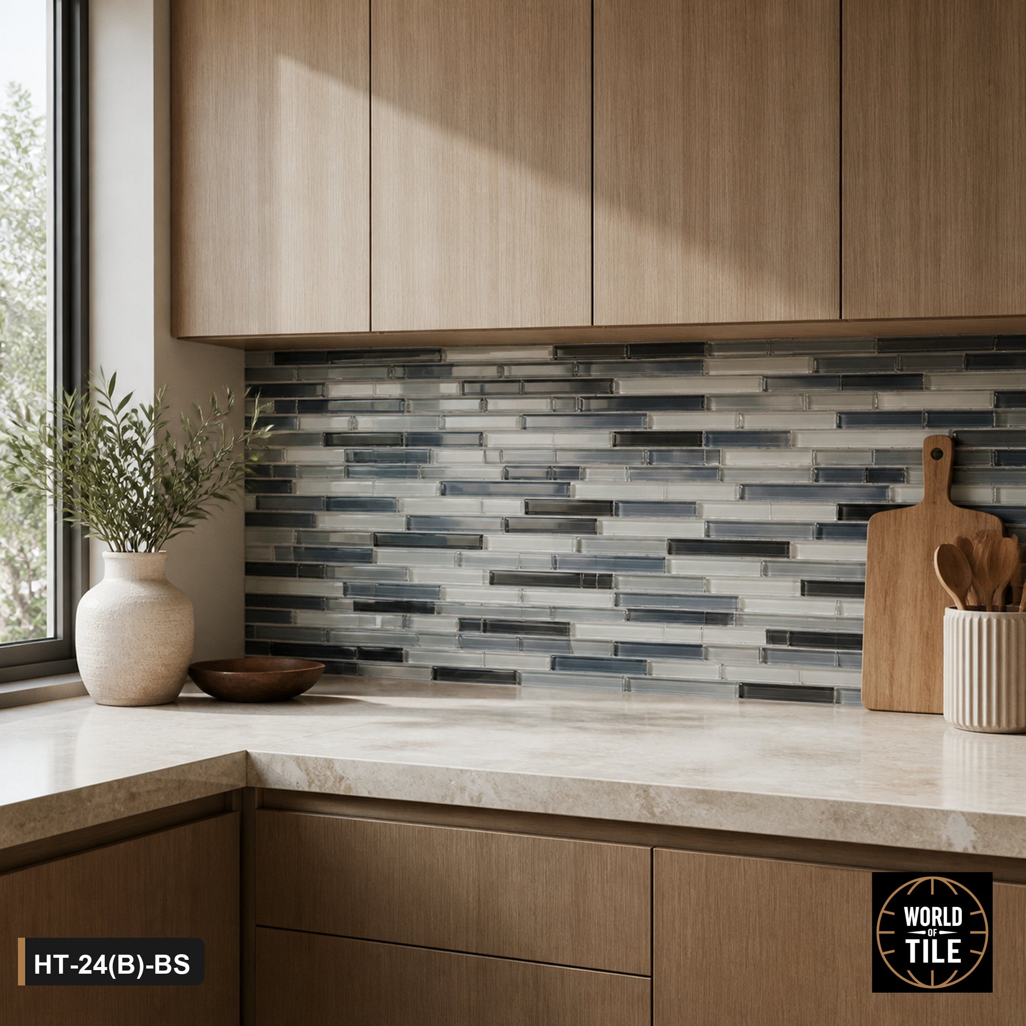 Blue Grey Striped Linear Glass Mosaic installed as a kitchen backsplash