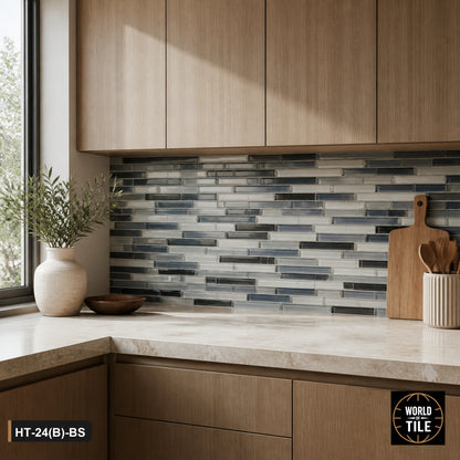 Blue Grey Striped Linear Glass Mosaic installed as a kitchen backsplash