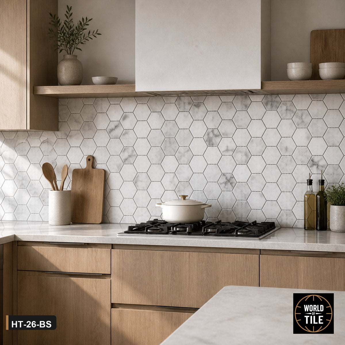Carrara Marble Hexagon Mosaic installed as a kitchen backsplash