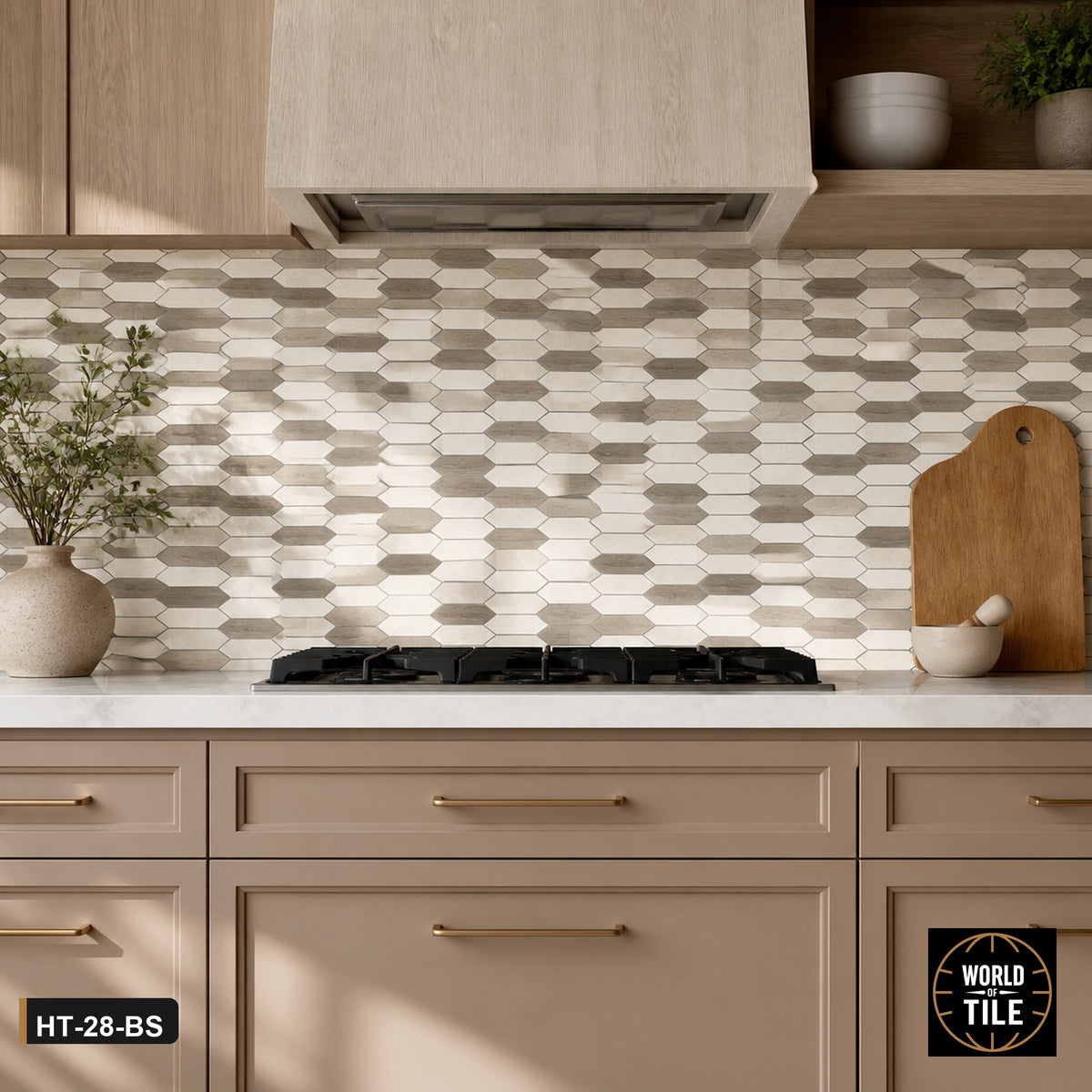 Cream & Grey Elongated Hexagon Stone Mosaic installed as a kitchen backsplash
