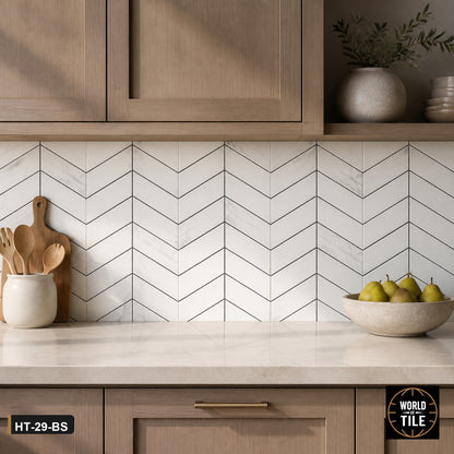 Carrara Marble Chevron Mosaic installed as a kitchen backsplash