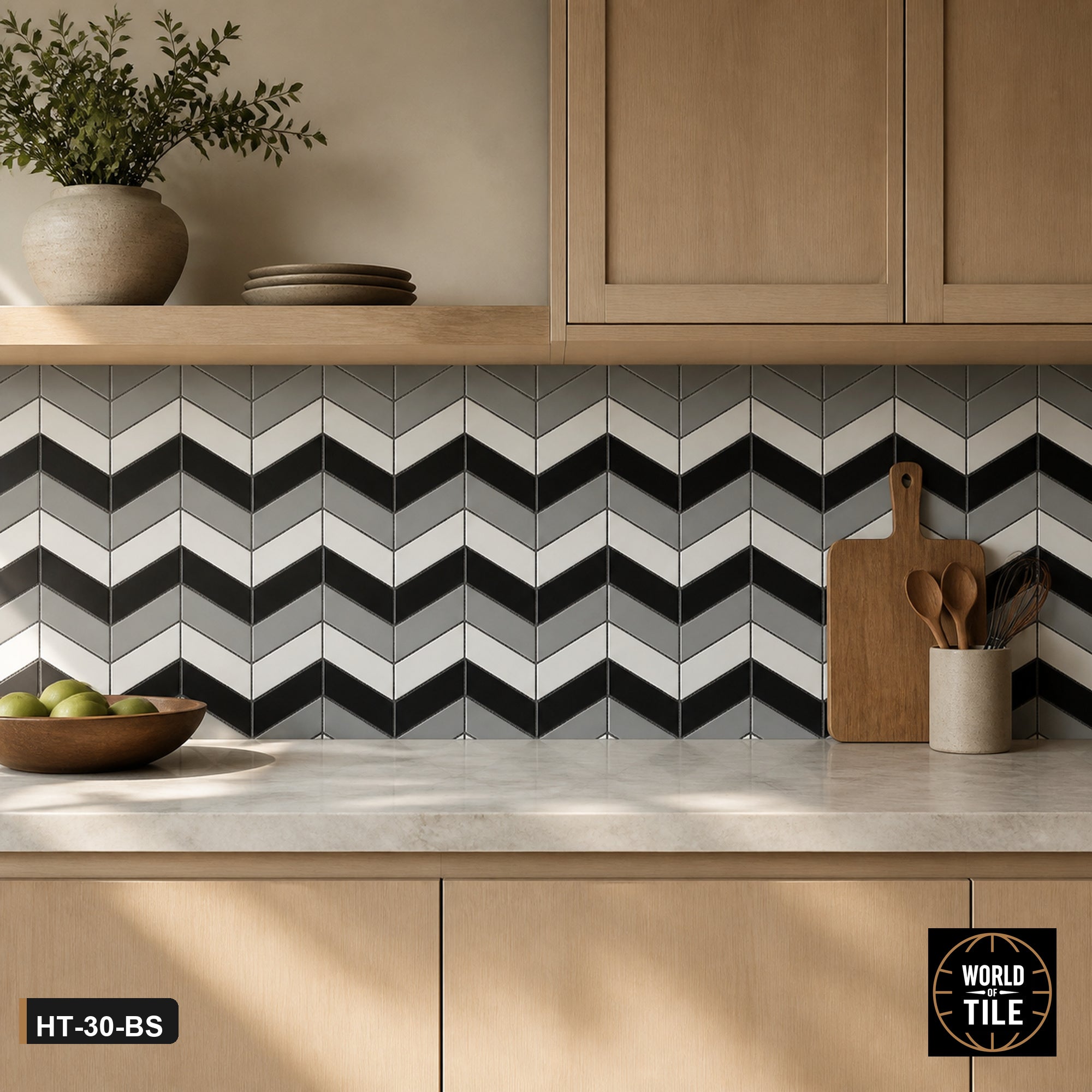 Tri-Tone Chevron Marble Mosaic installed as a kitchen backsplash