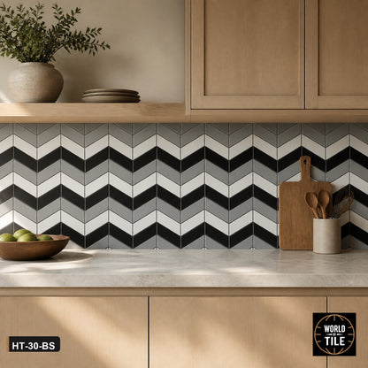 Tri-Tone Chevron Marble Mosaic installed as a kitchen backsplash