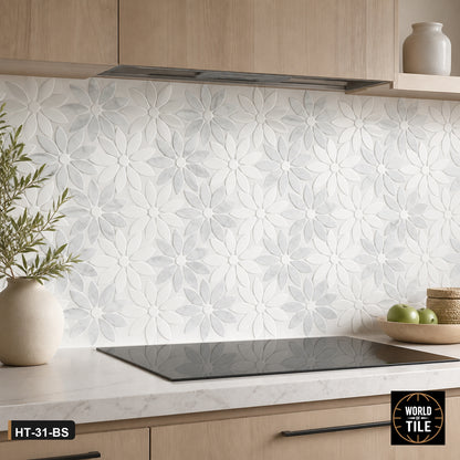 Carrara Marble Daisy Flower Mosaic installed as a kitchen backsplash