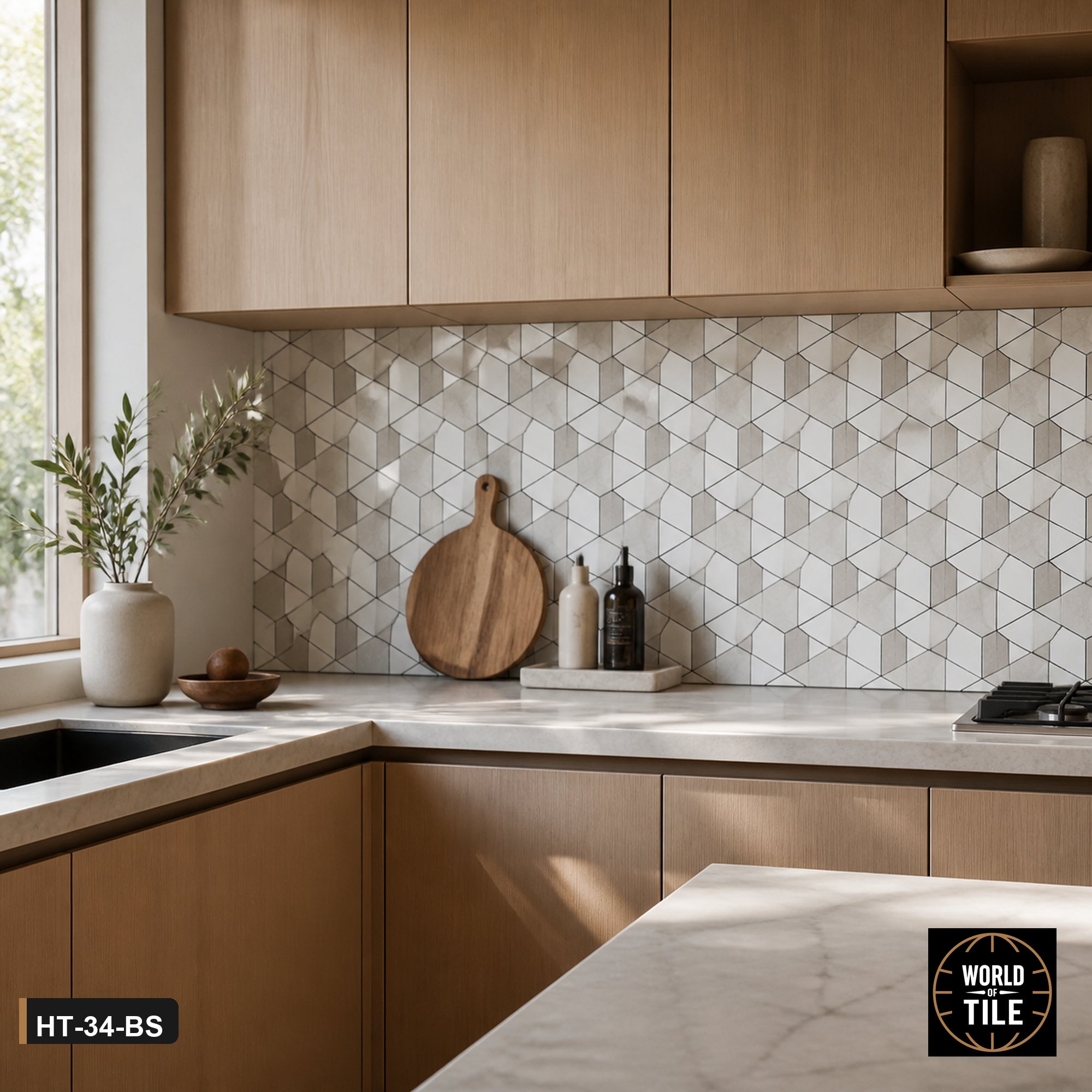 Marble 3D Cube Mosaic installed as a kitchen backsplash