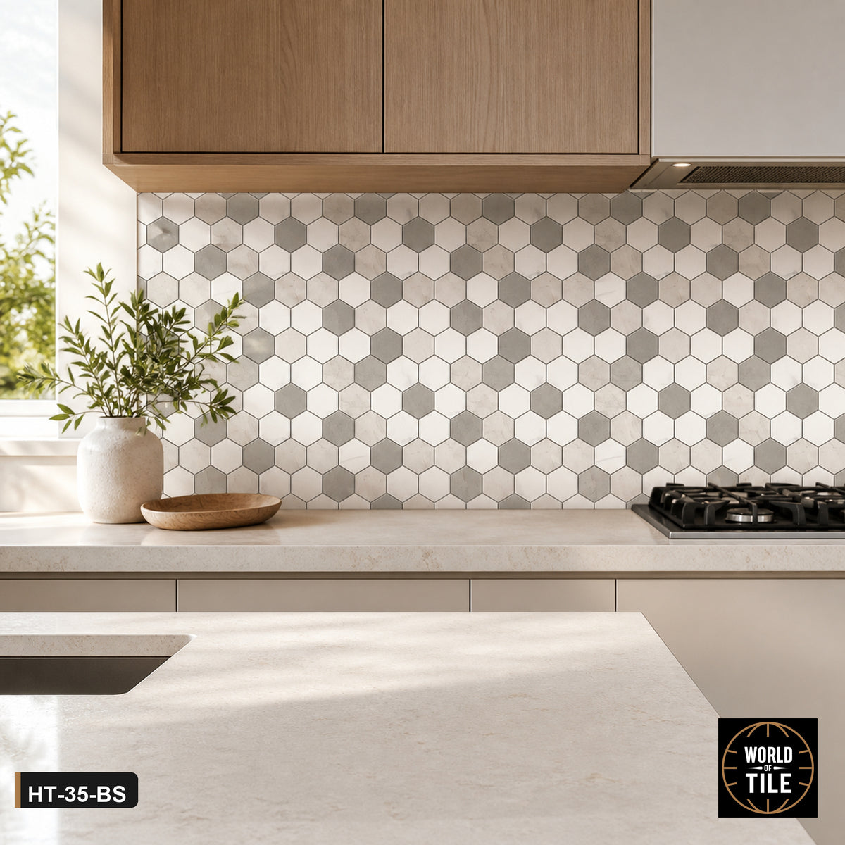 Grey & White Marble Hexagon Mosaic installed as a kitchen backsplash