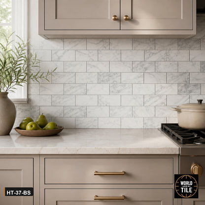 Carrara Marble Brick Mosaic installed as a kitchen backsplash