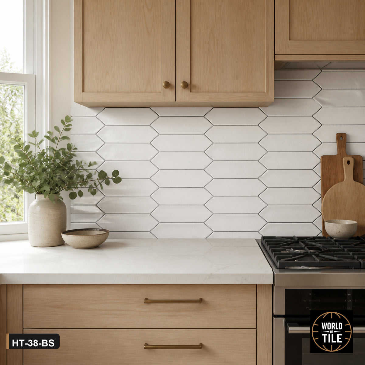 White Marble Picket Mosaic installed as a kitchen backsplash