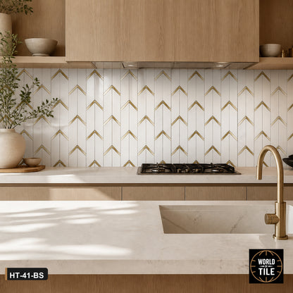 Marble Chevron Mosaic with Gold Inlay installed as a kitchen backsplash