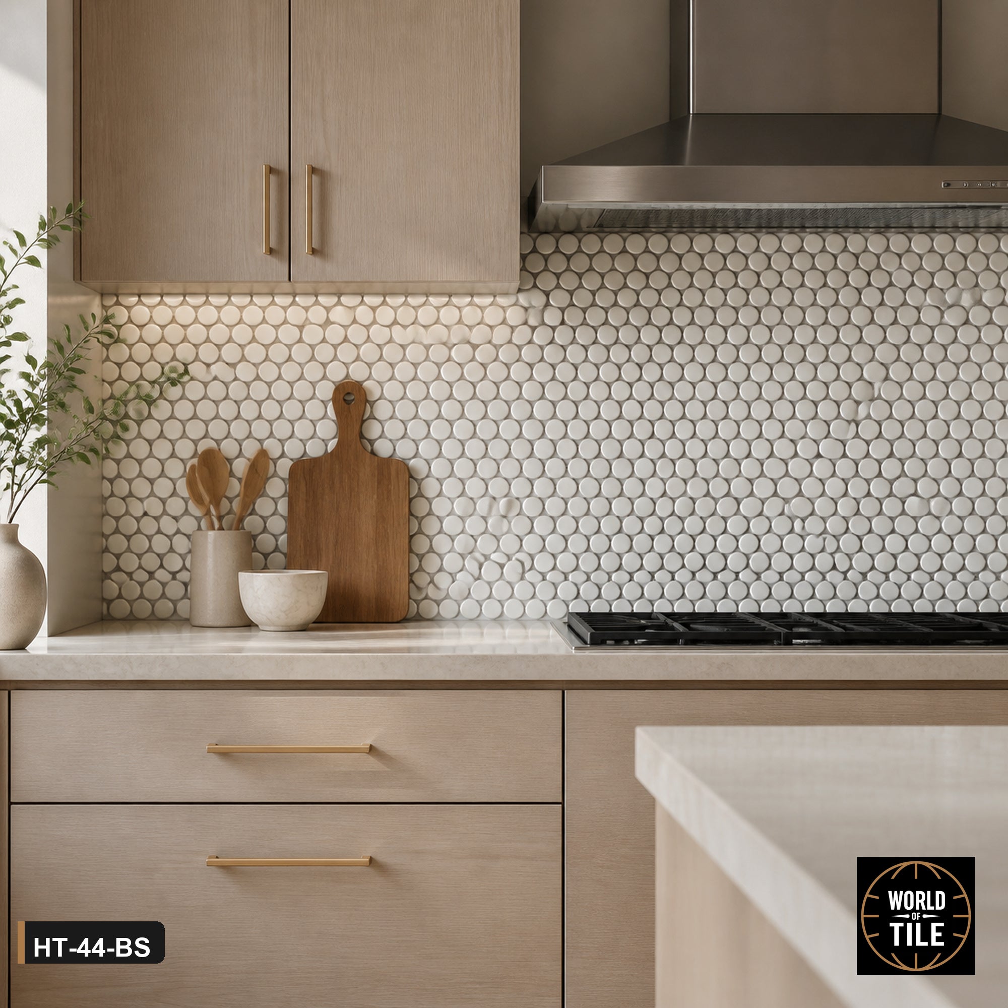 White Penny Round Mosaic installed as a kitchen backsplash