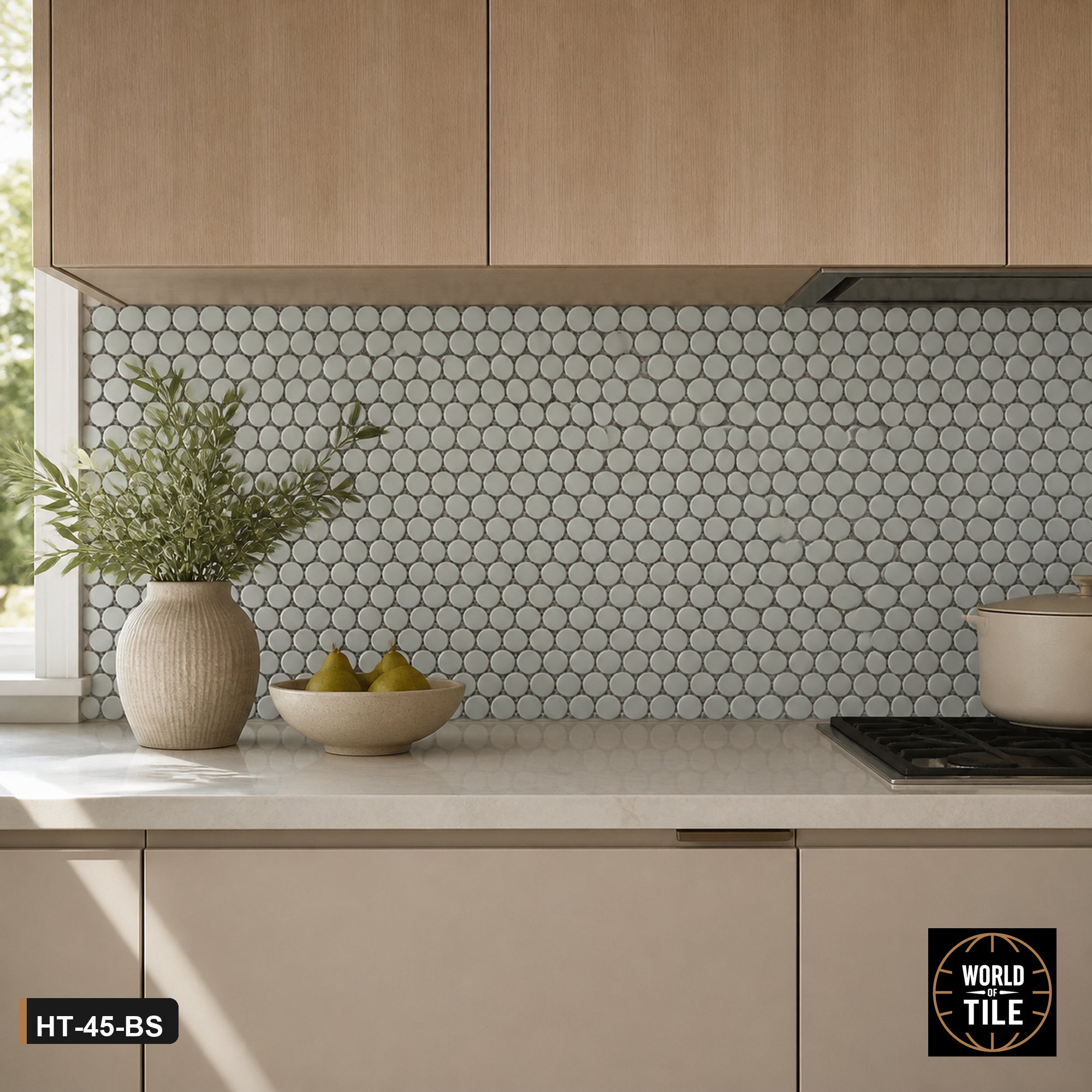 Grey Penny Round Mosaic installed as a kitchen backsplash