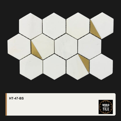 White Marble Hexagon Mosaic with Gold Accent mosaic tile