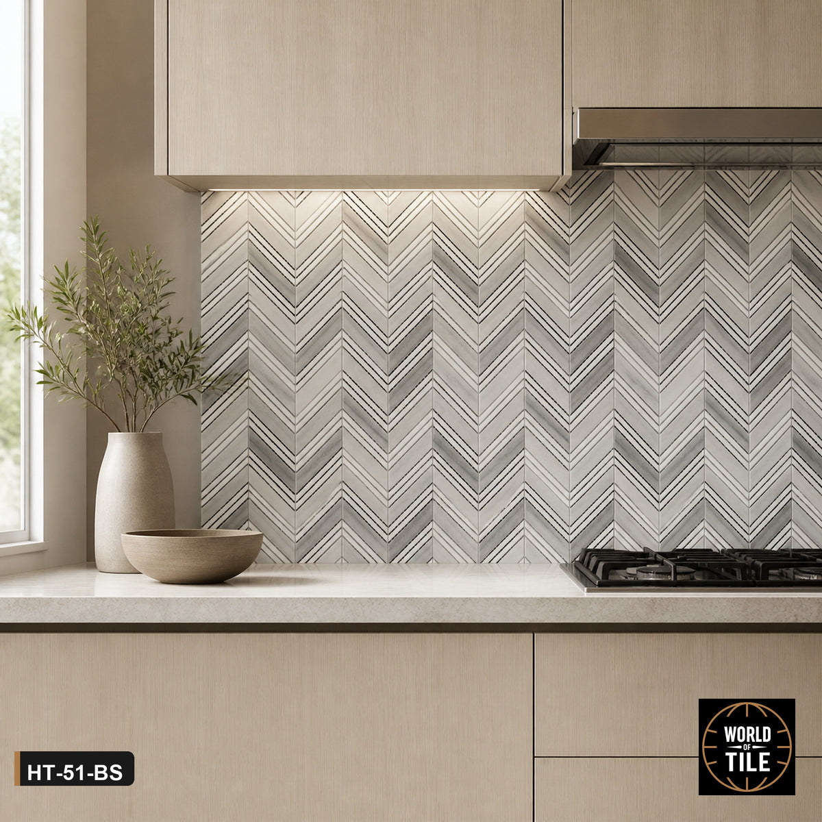 Grey Striped Stone Chevron Mosaic installed as a kitchen backsplash