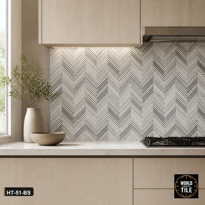 Grey Striped Stone Chevron Mosaic installed as a kitchen backsplash