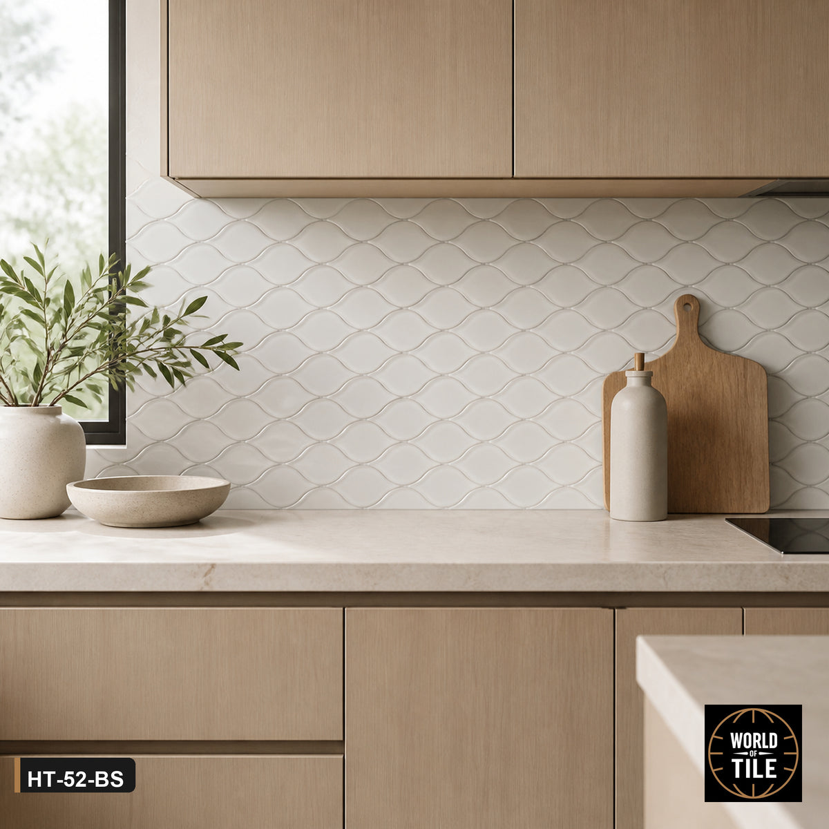 White Glass Leaf Mosaic installed as a kitchen backsplash
