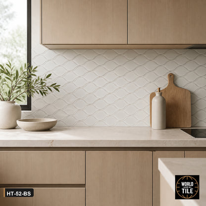White Glass Leaf Mosaic installed as a kitchen backsplash