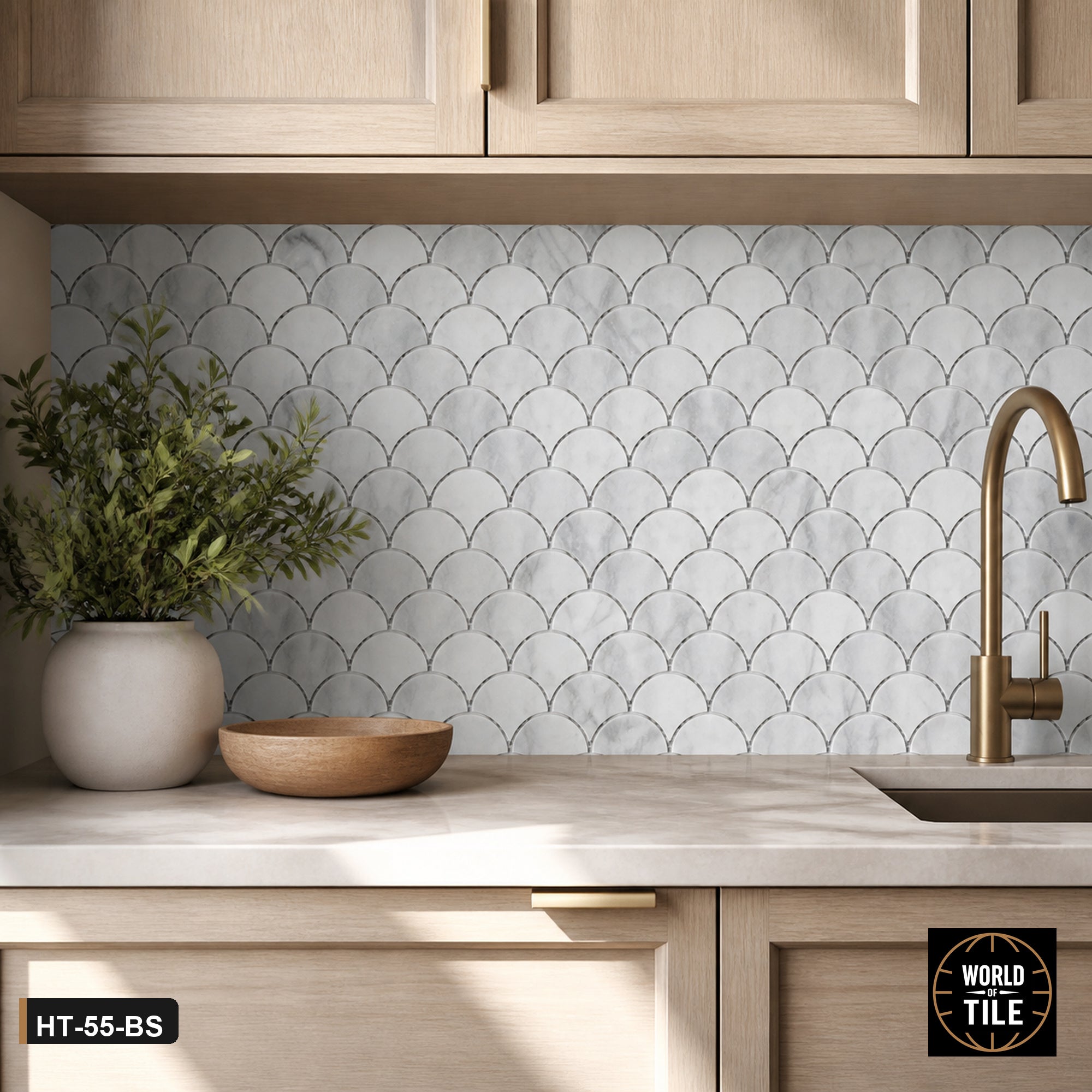 Marble Fan Scallop Mosaic installed as a kitchen backsplash