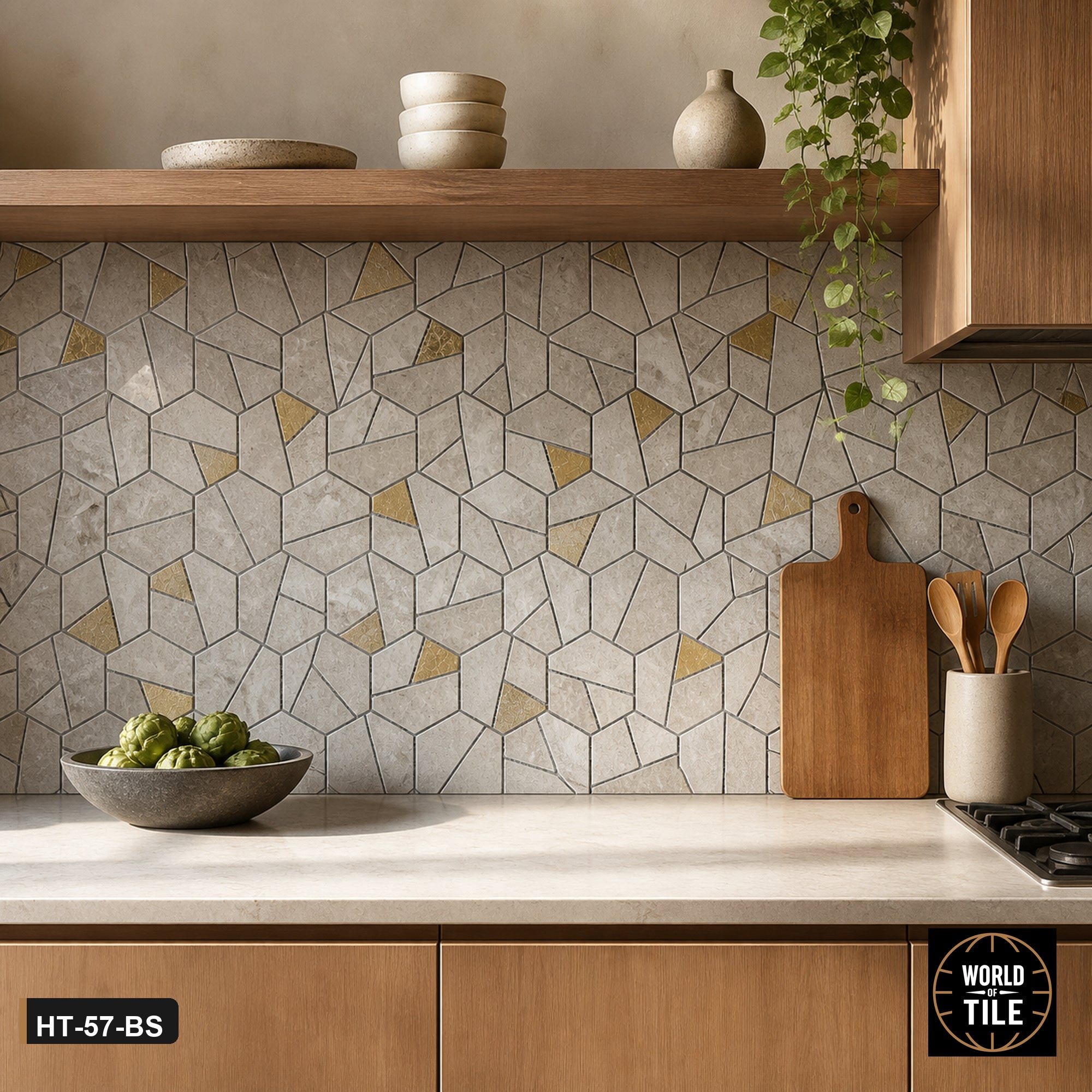 Grey Stone Hexagon Mosaic with Gold Inlay installed as a kitchen backsplash