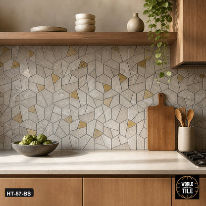 Grey Stone Hexagon Mosaic with Gold Inlay installed as a kitchen backsplash