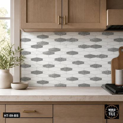 White & Grey Marble Elongated Hexagon Mosaic installed as a kitchen backsplash