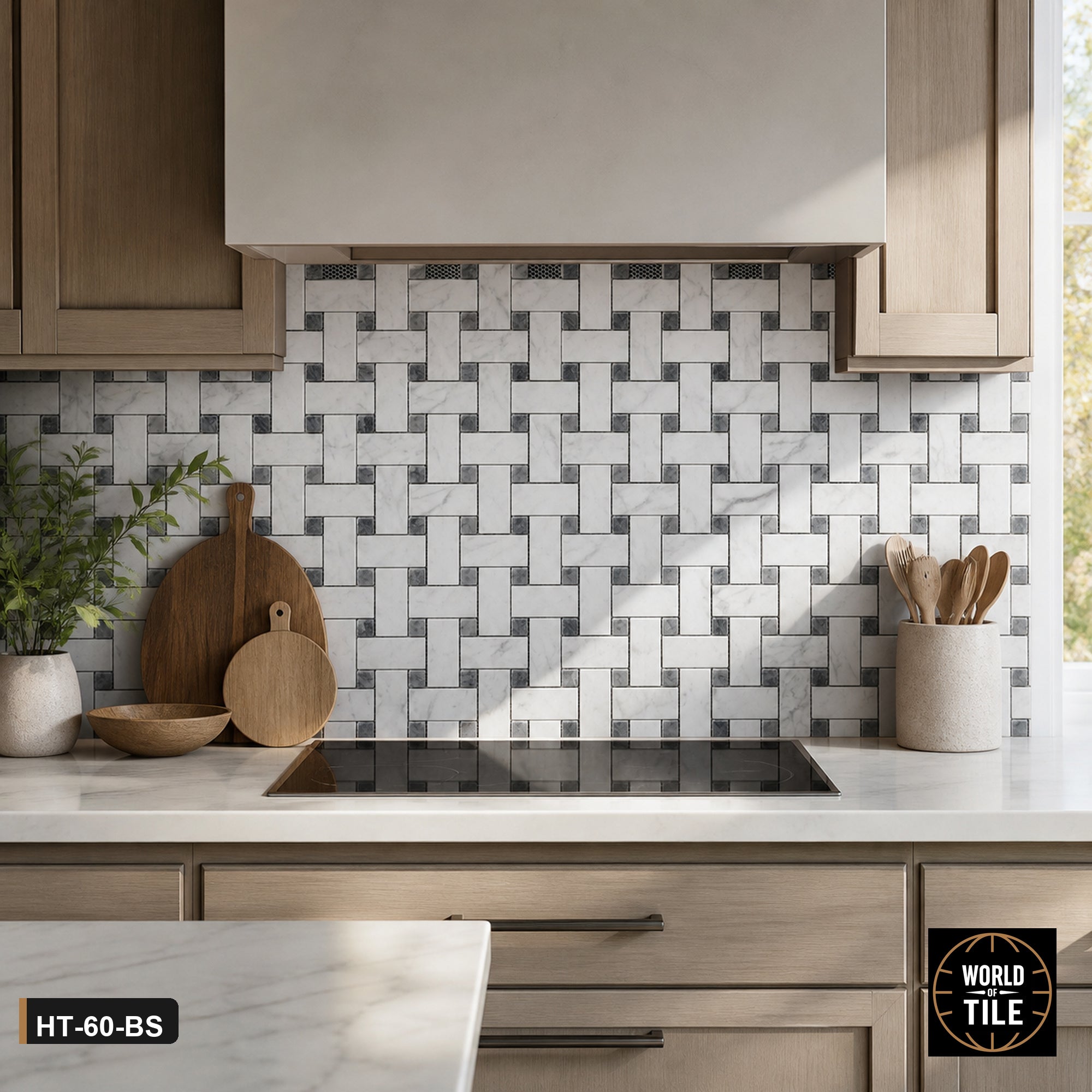 Carrara Marble Basketweave Mosaic installed as a kitchen backsplash