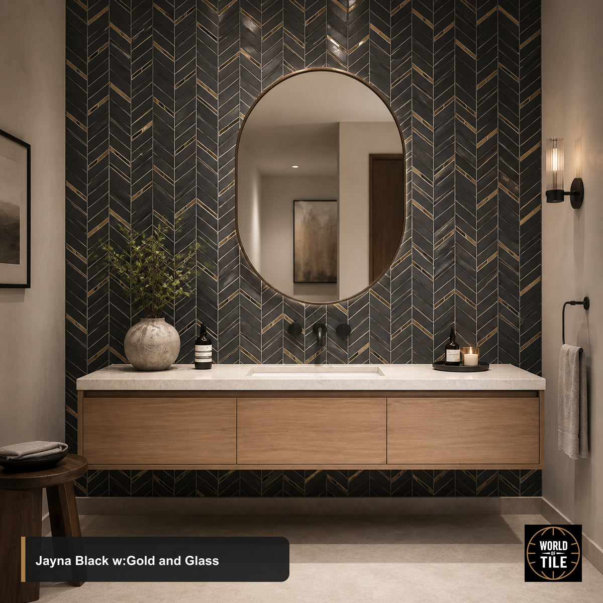 Jayna Black w/Gold & Chevron Glass Mosaic