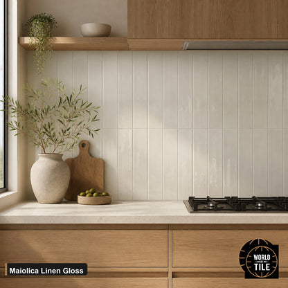 Maiolica Linen Gloss subway tile installed as a kitchen backsplash