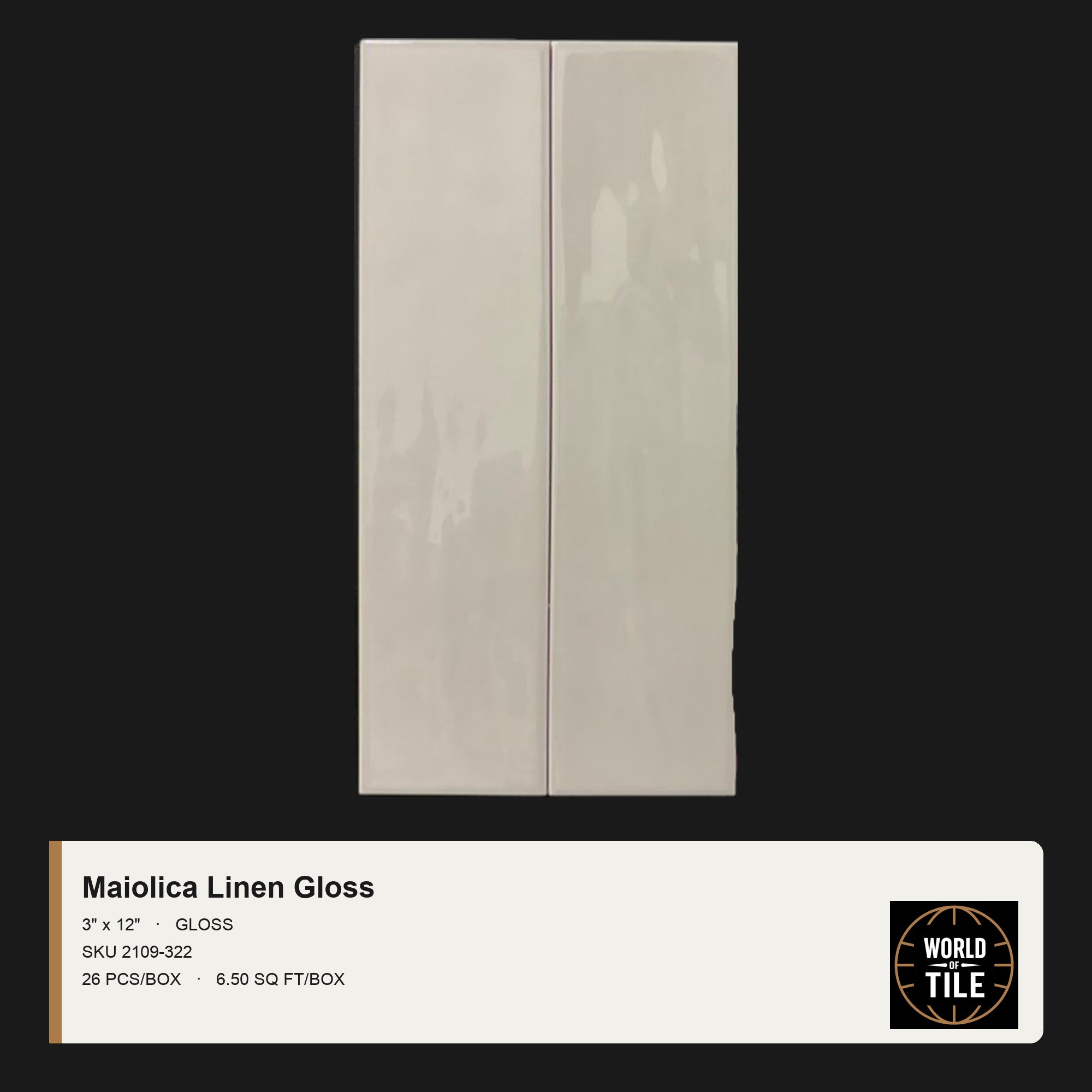 Maiolica Linen Gloss 3" x 12" ceramic subway tile
