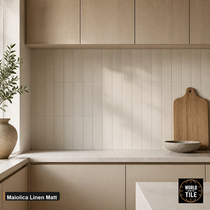 Maiolica Linen Matte subway tile installed as a kitchen backsplash