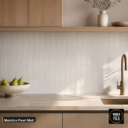 Maiolica Pearl Matte subway tile installed as a kitchen backsplash