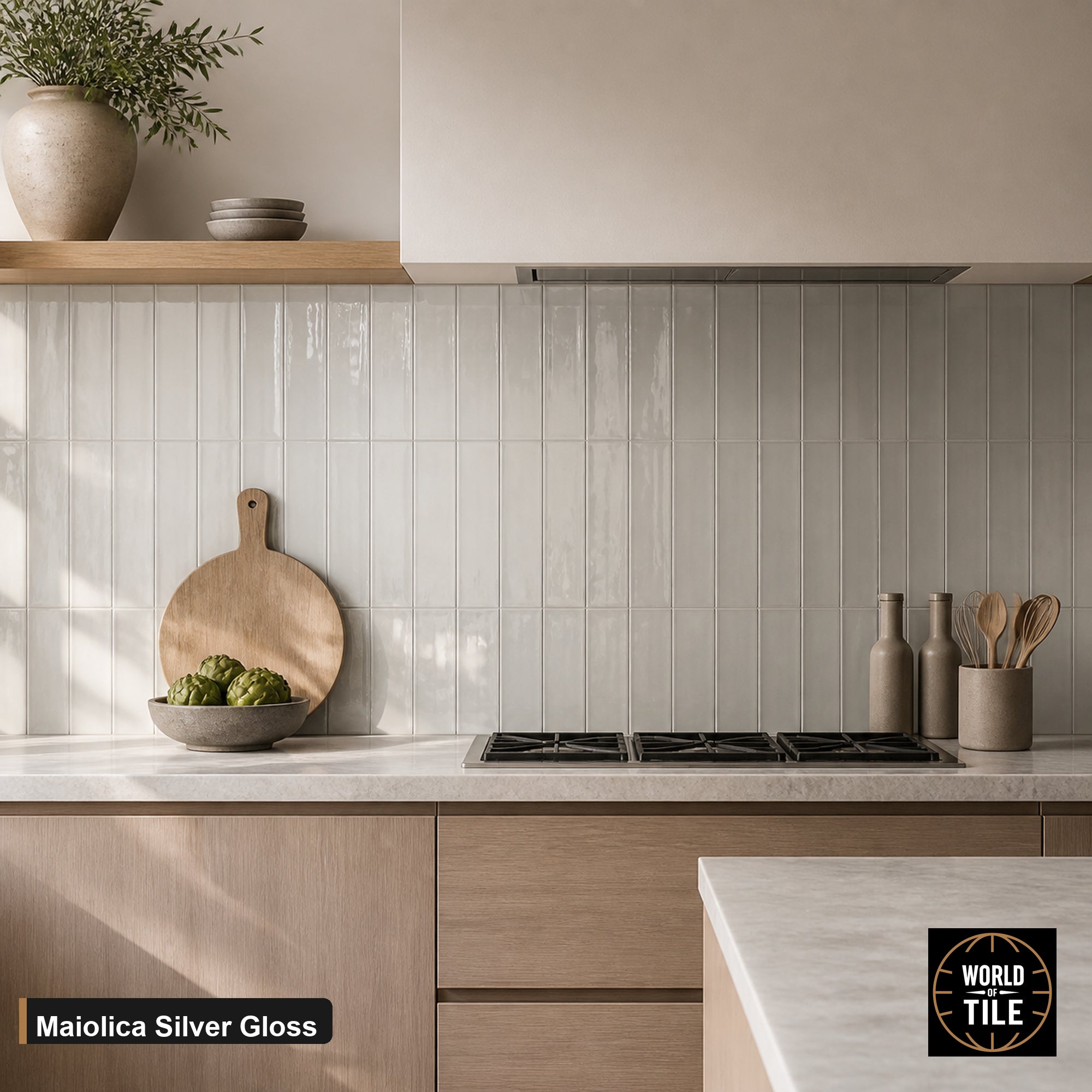 Maiolica Silver Gloss subway tile installed as a kitchen backsplash