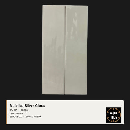 Maiolica Silver Gloss 3" x 12" ceramic subway tile