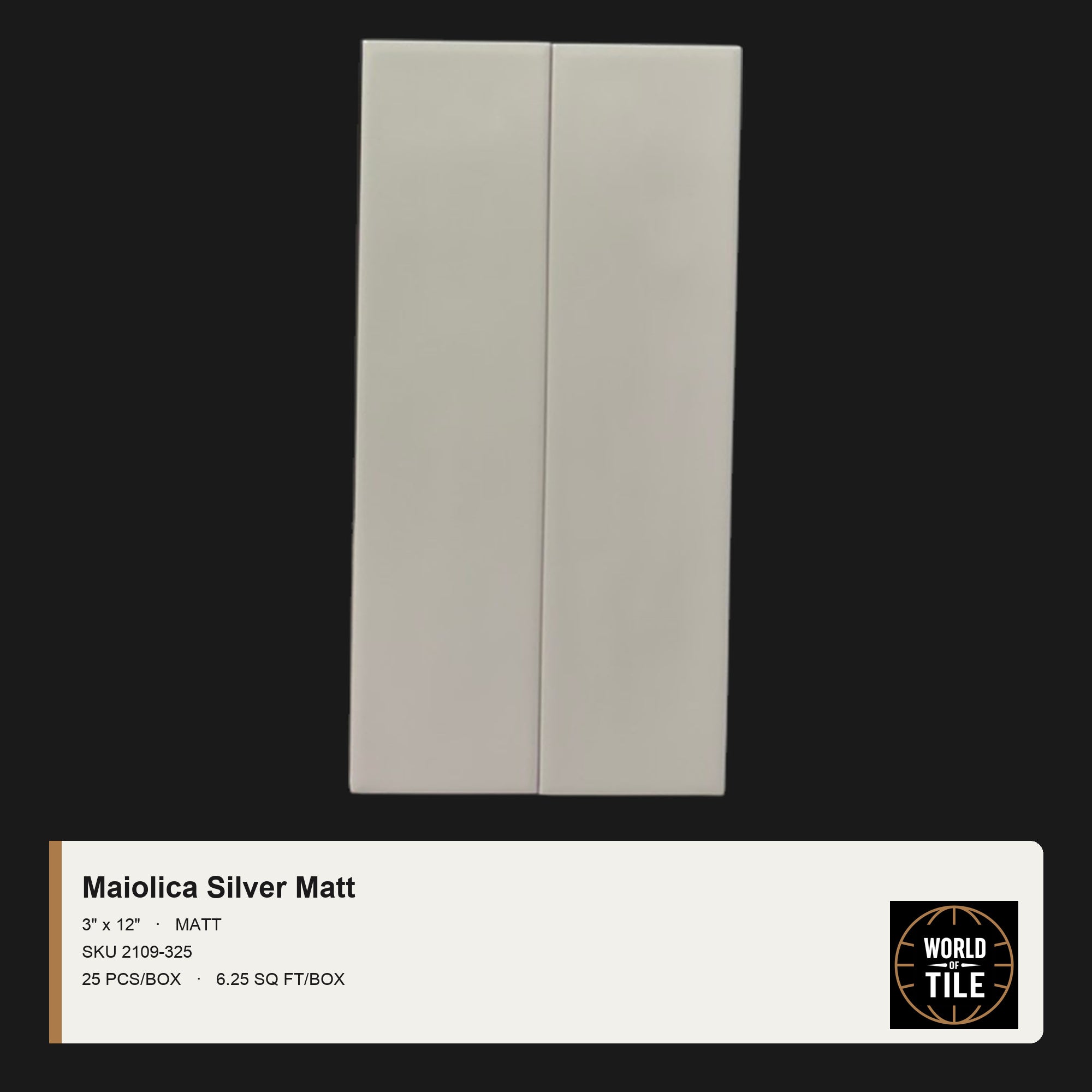 Maiolica Silver Matte 3" x 12" ceramic subway tile