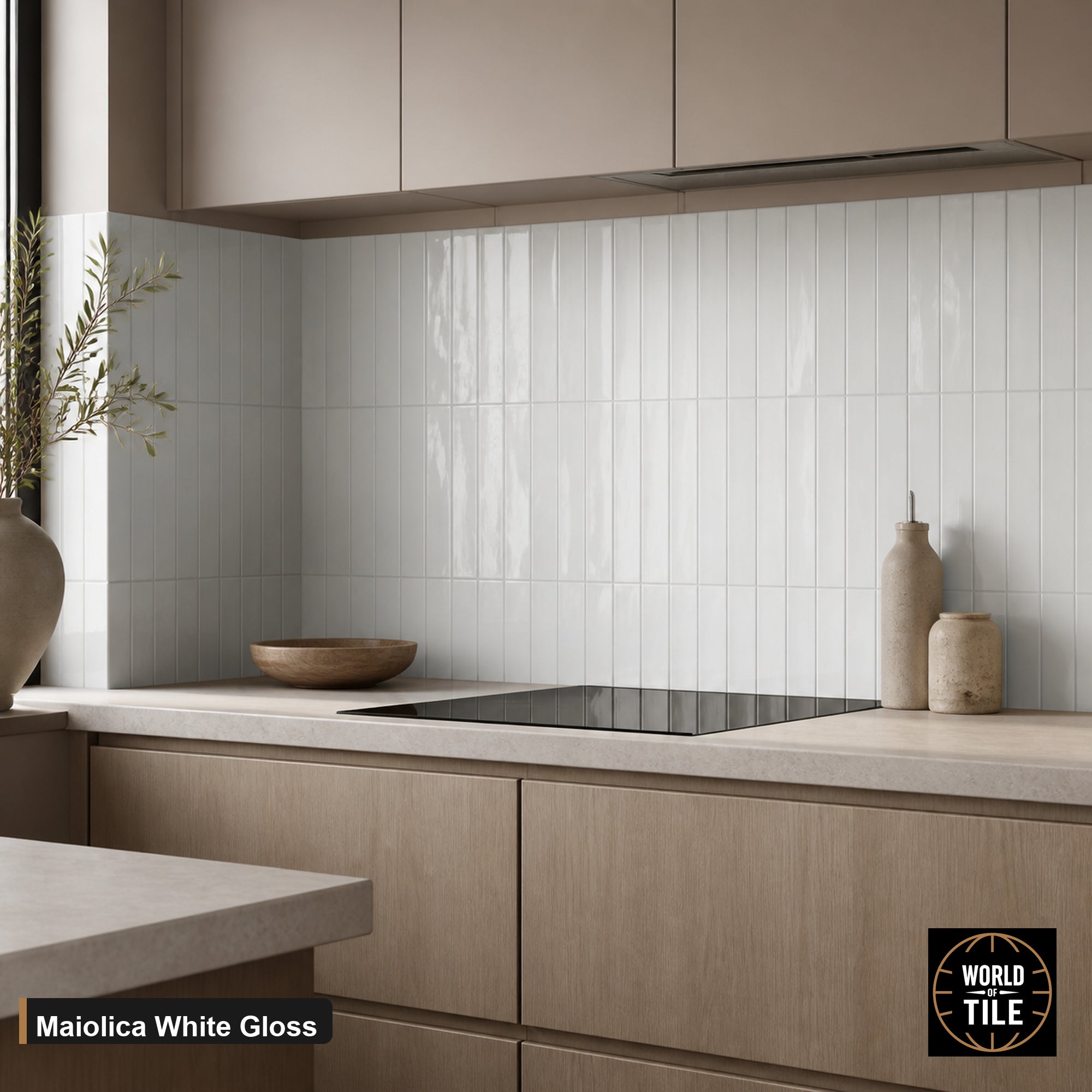 Maiolica White Gloss subway tile installed as a kitchen backsplash
