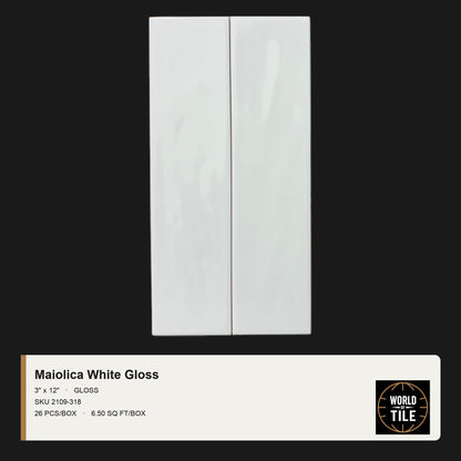 Maiolica White Gloss 3" x 12" ceramic subway tile