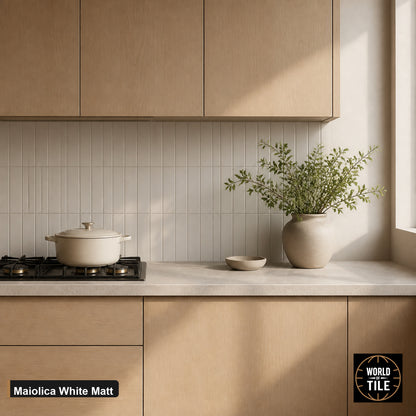Maiolica White Matte subway tile installed as a kitchen backsplash