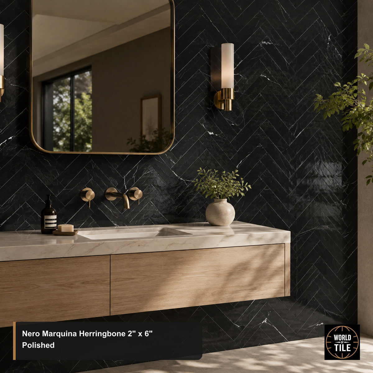 Nero Marquina Herringbone 2"x6" Marble Mosaic