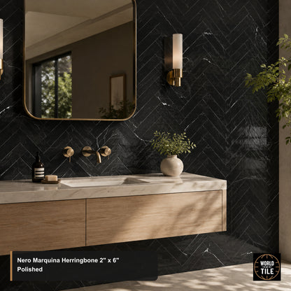 Nero Marquina Herringbone 2"x6" Marble Mosaic